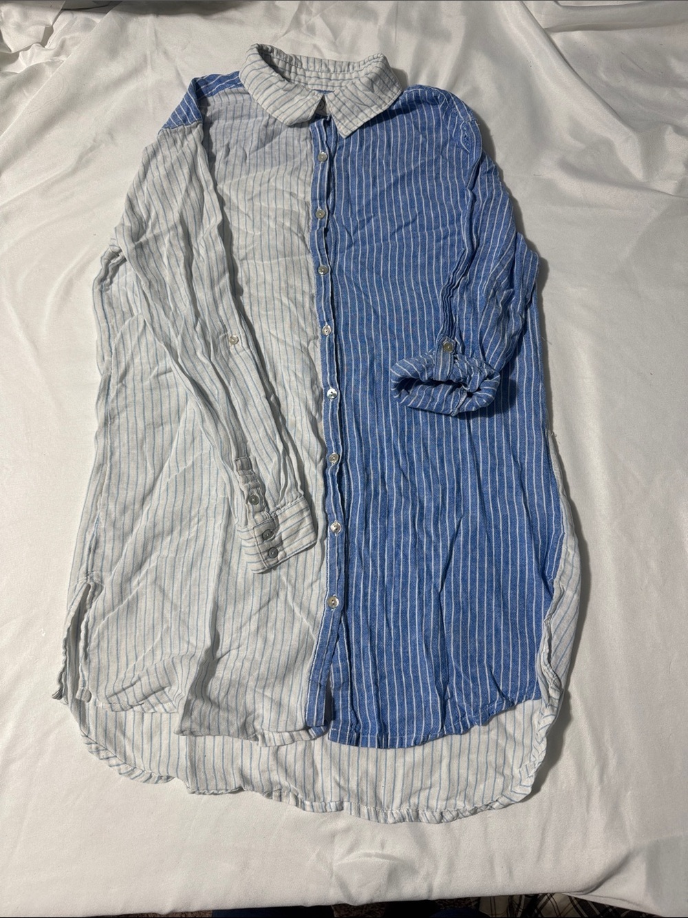 C&C California Blue Stripe Linen Blend Longline Tunic Cover Up Shirt | Size M